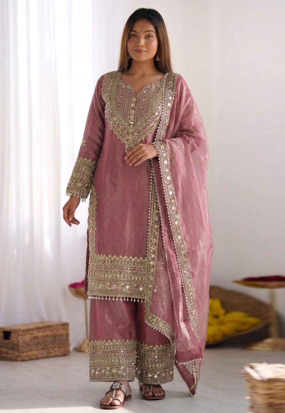 Pink Silk Readymade Palazzo Suit 330359
