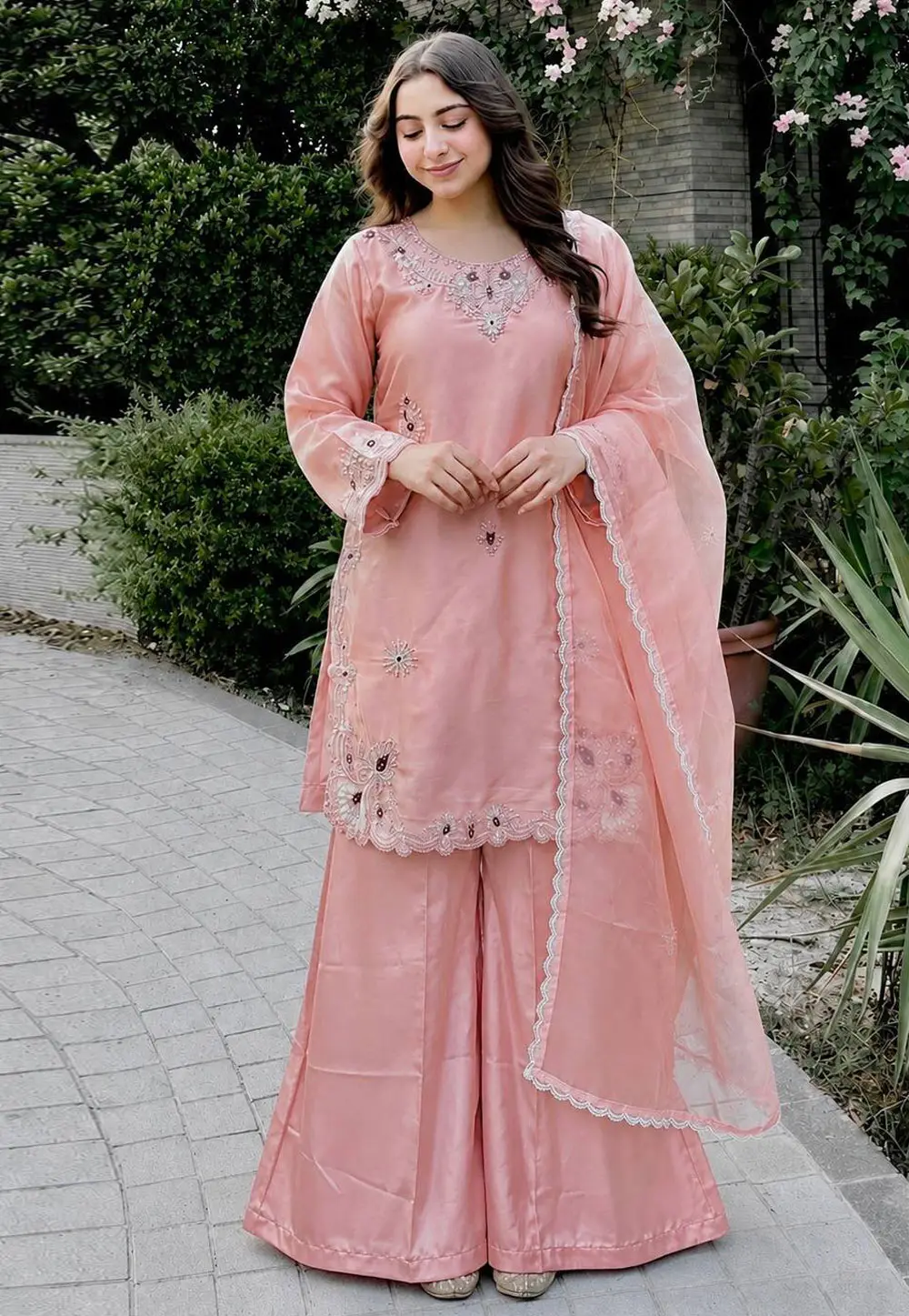 Pink Silk Readymade Palazzo Suit 334605