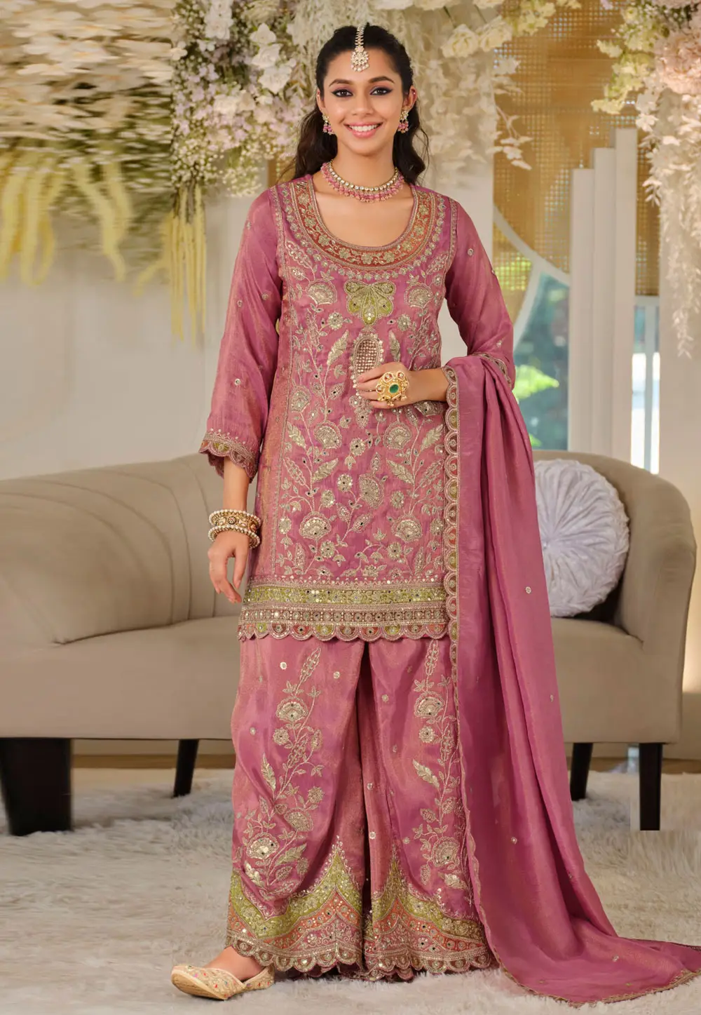Pink Silk Readymade Palazzo Suit 333711