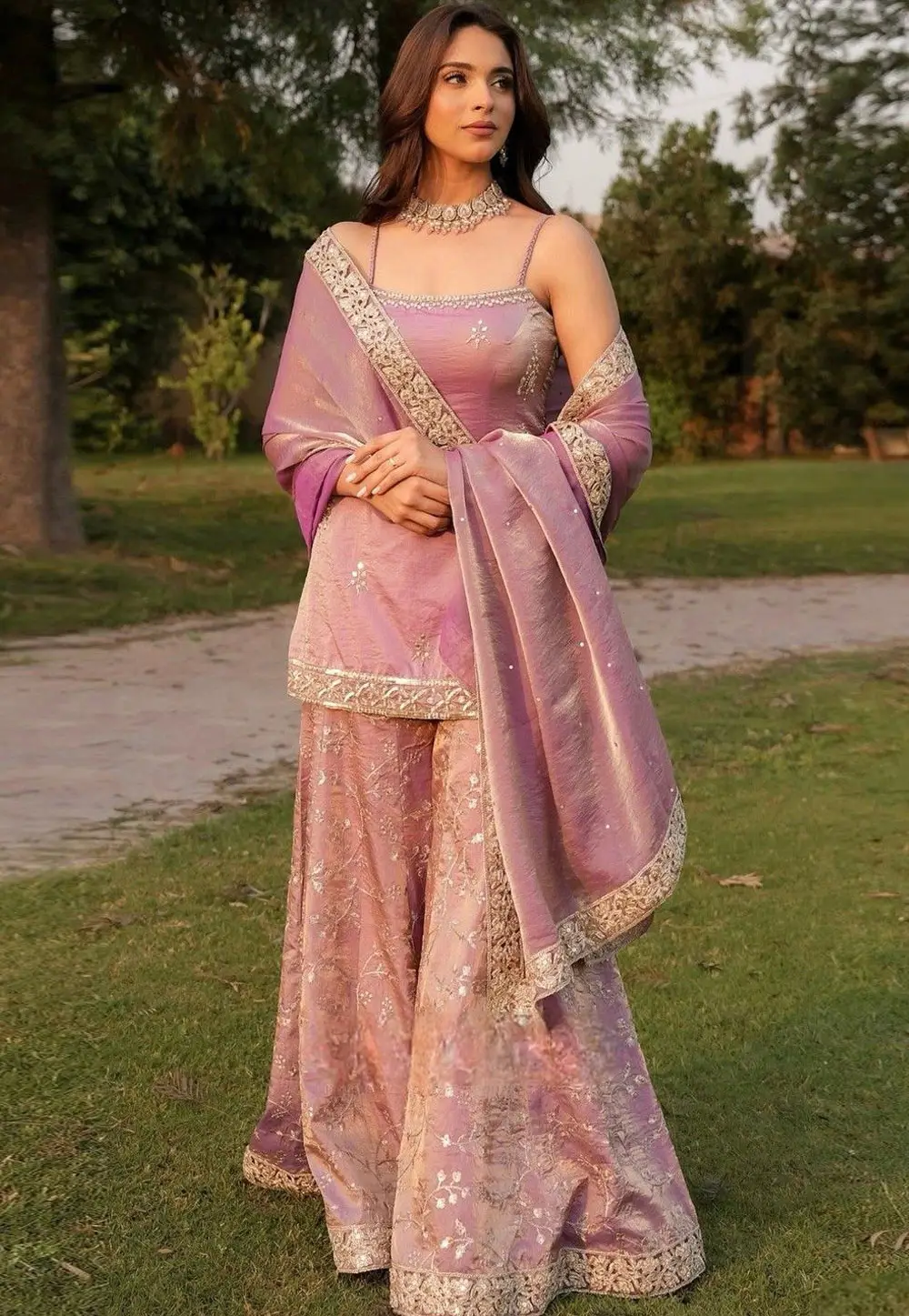Pink Silk Readymade Palazzo Suit 333886