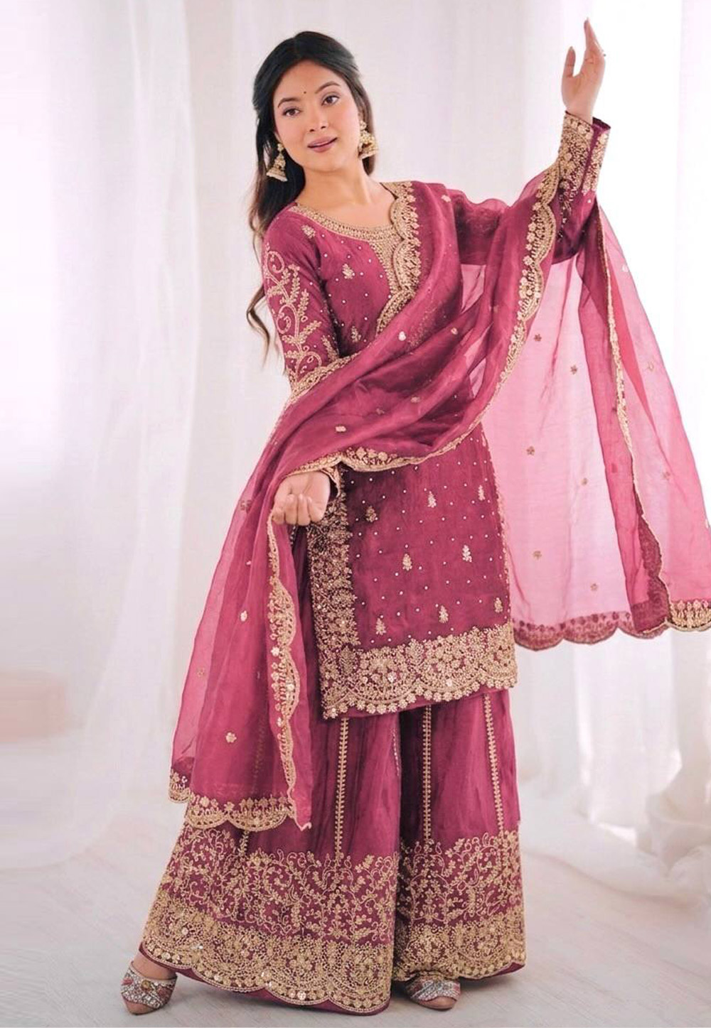 Pink Silk Readymade Palazzo Suit 327680