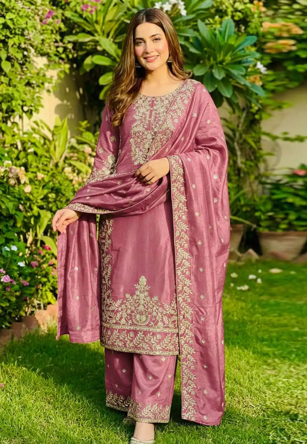 Pink Silk Readymade Palazzo Suit 324529