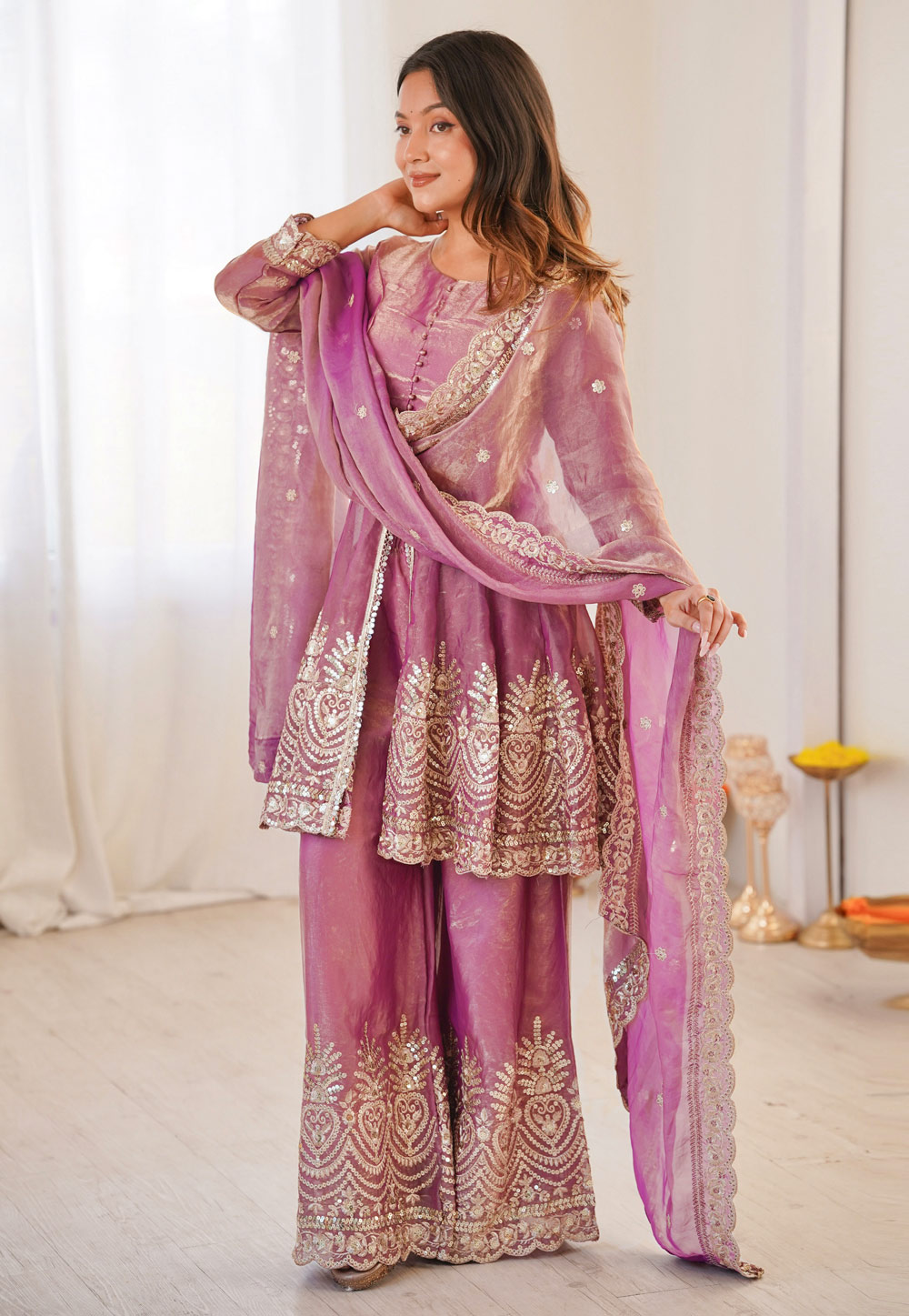 Pink Silk Readymade Palazzo Suit 322771