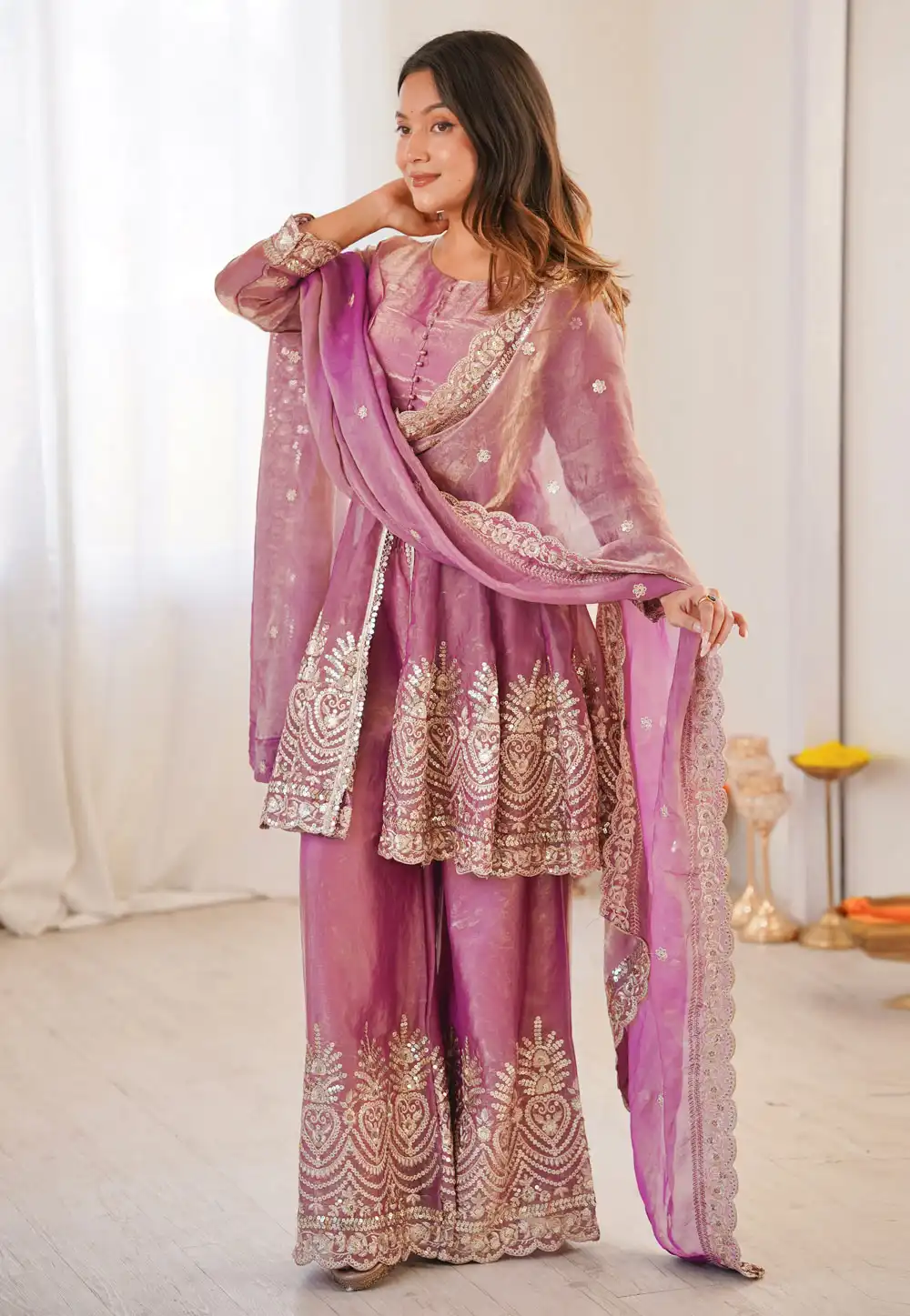 Pink Silk Readymade Palazzo Suit 322771