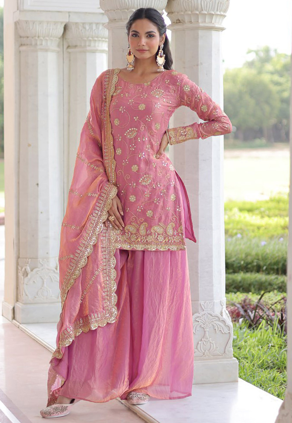 Pink Silk Readymade Palazzo Suit 320065