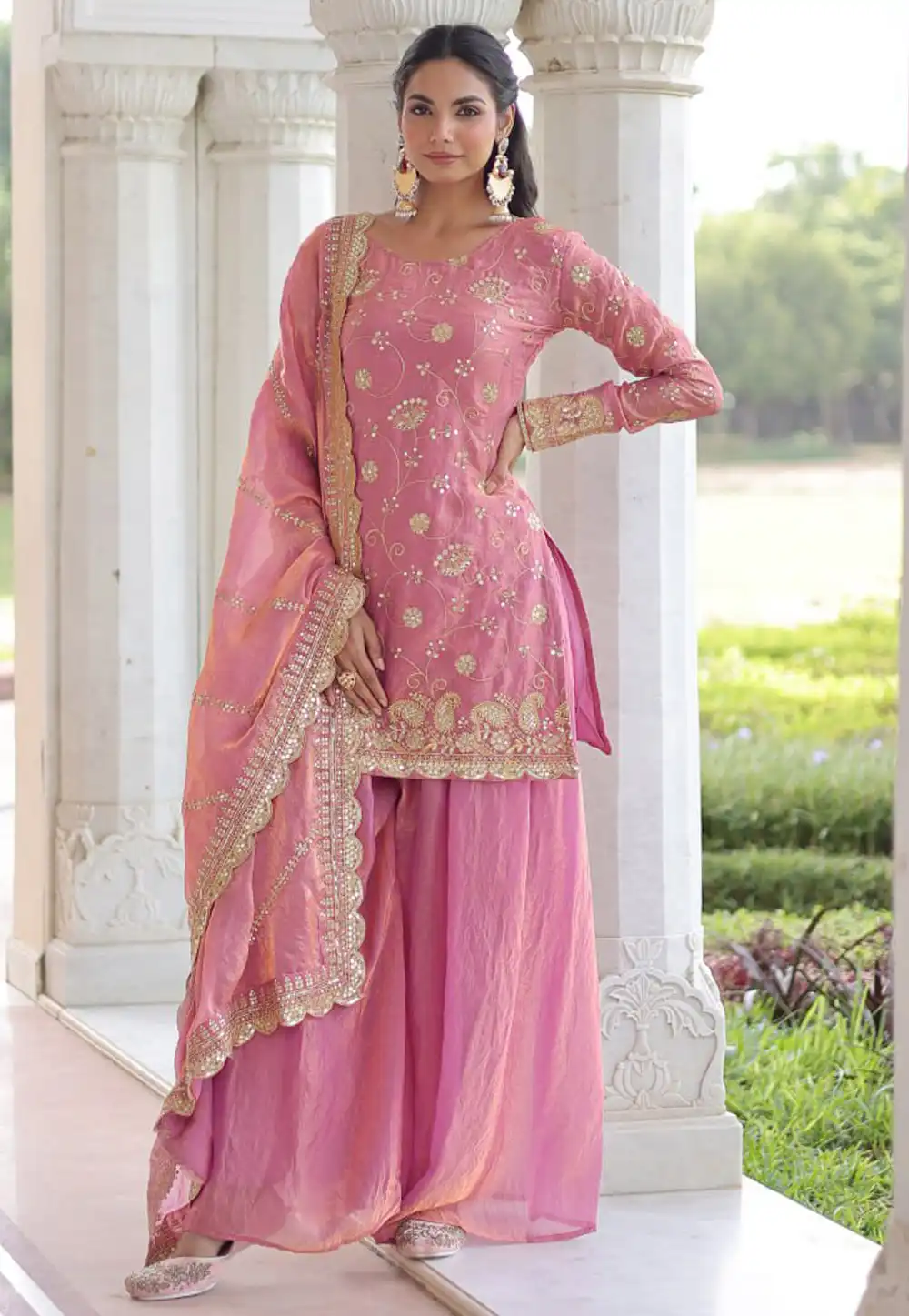 Pink Silk Readymade Palazzo Suit 320065