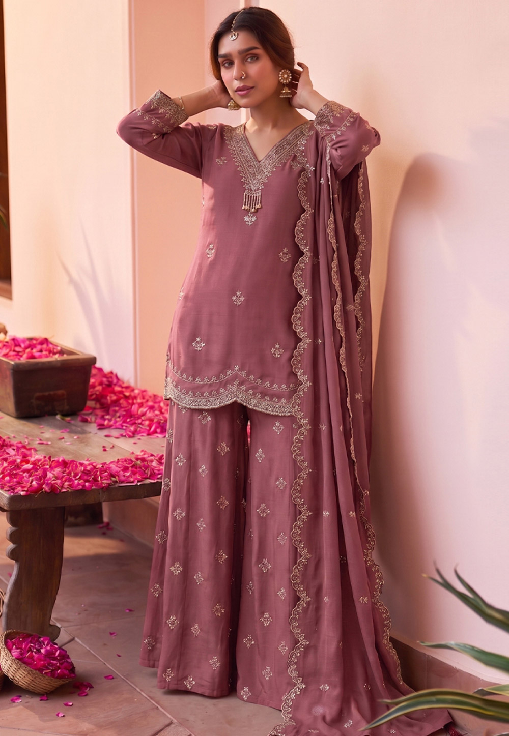 Pink Silk Readymade Palazzo Suit 329772
