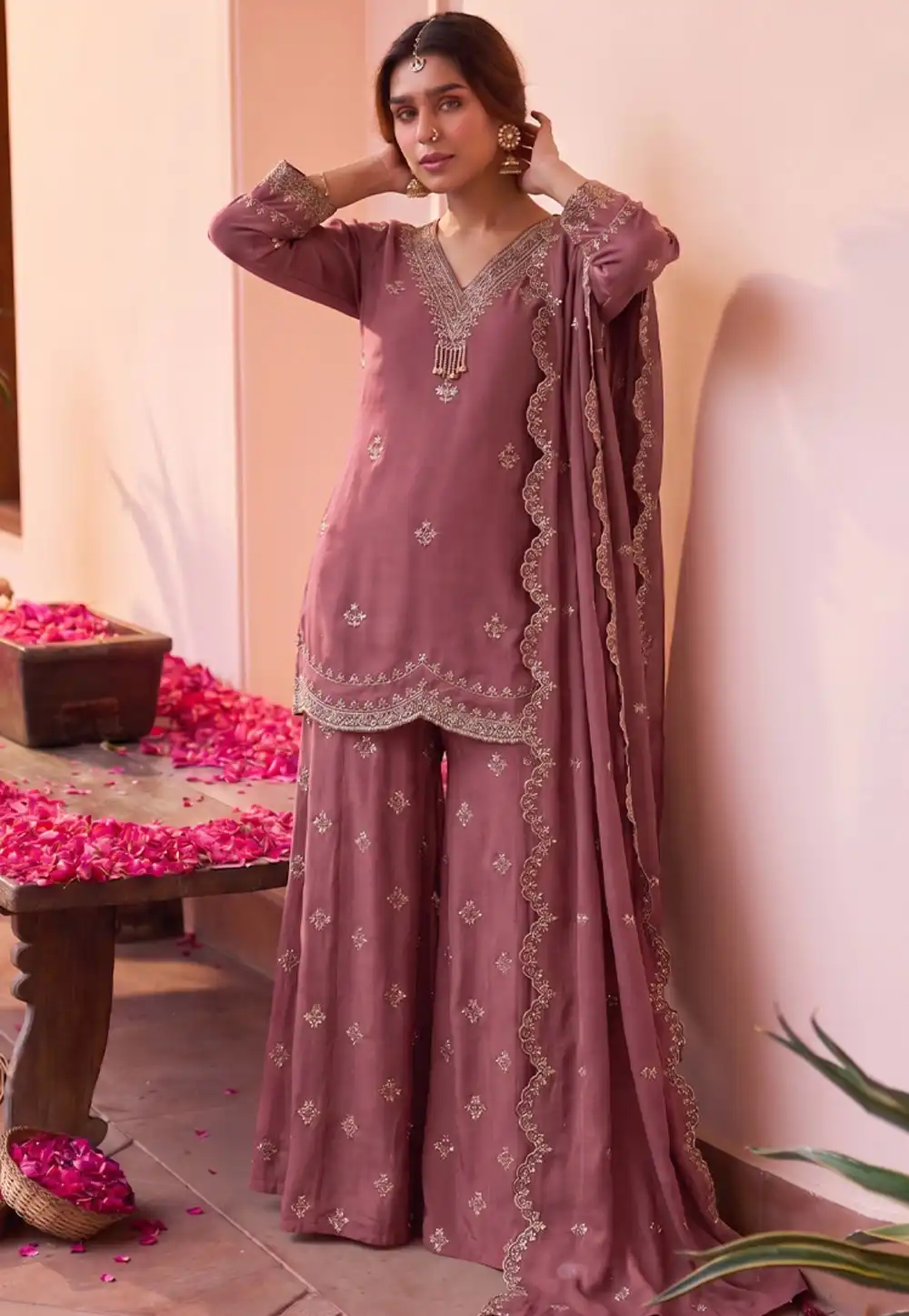 Pink Silk Readymade Palazzo Suit 329772