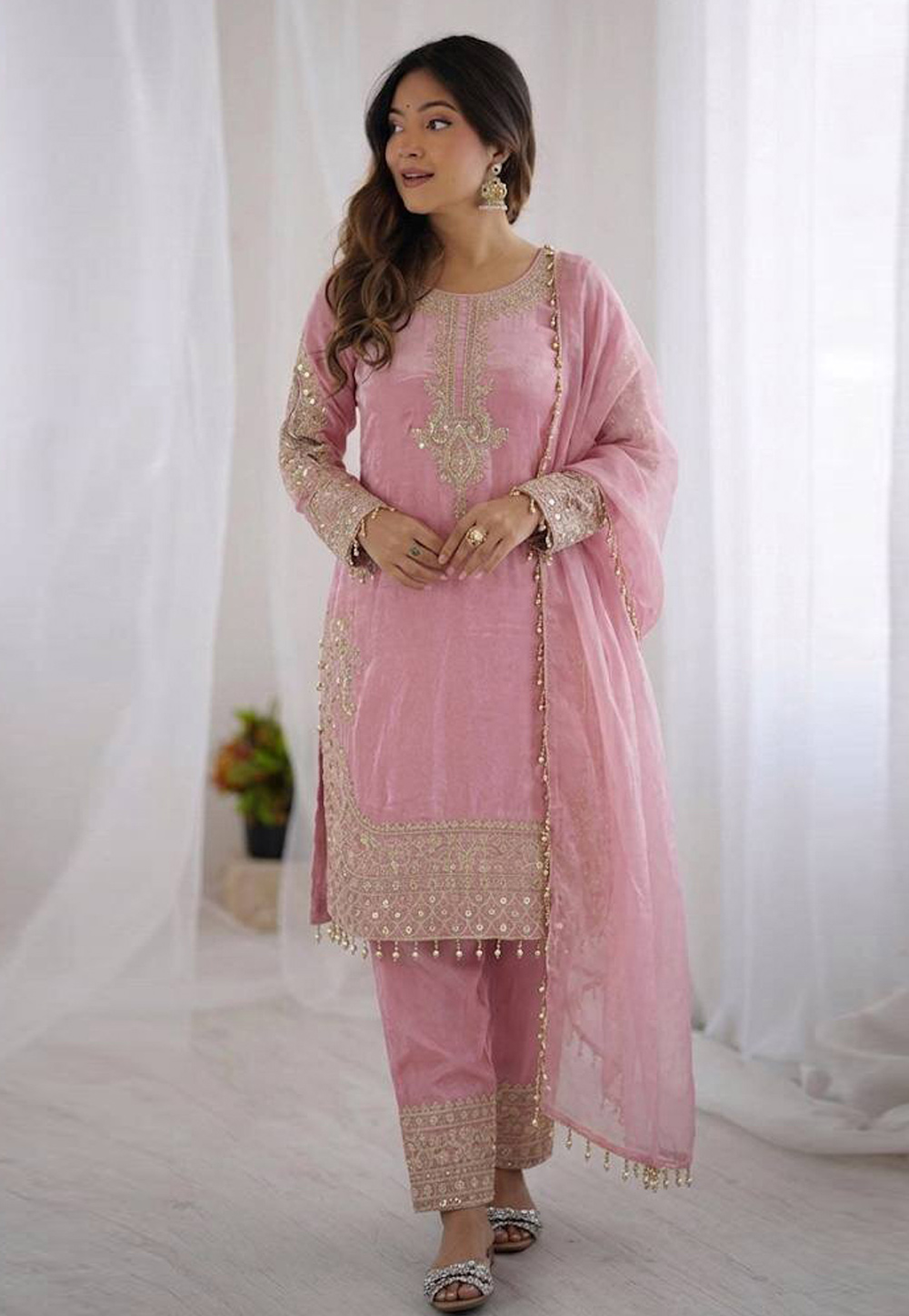Pink Silk Readymade Pant Style Suit 328261