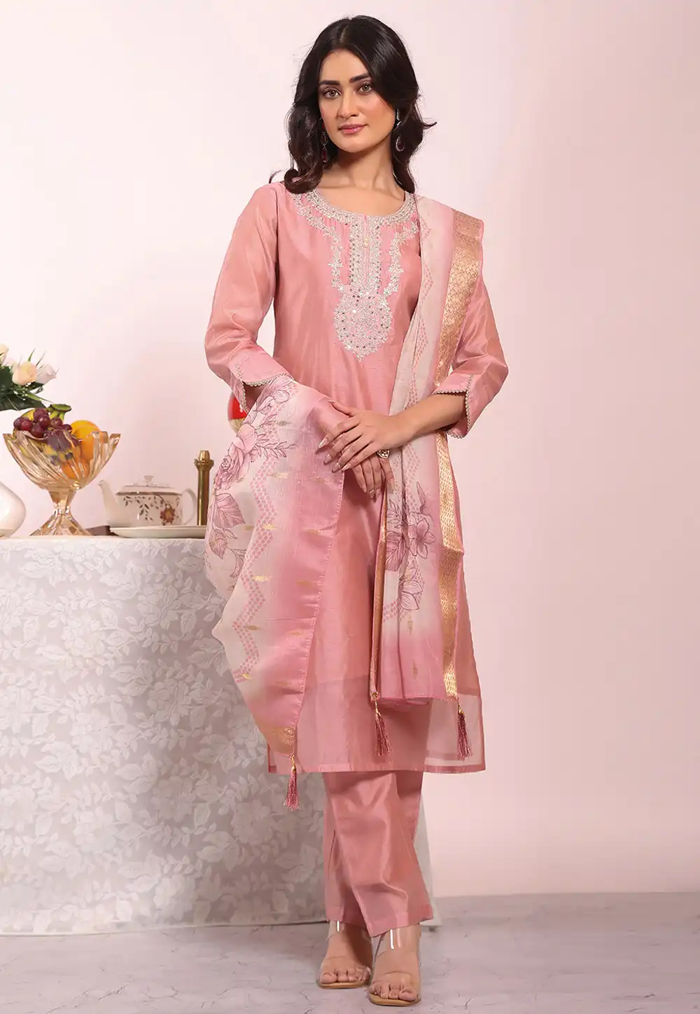 Pink Silk Readymade Pant Style Suit 325509