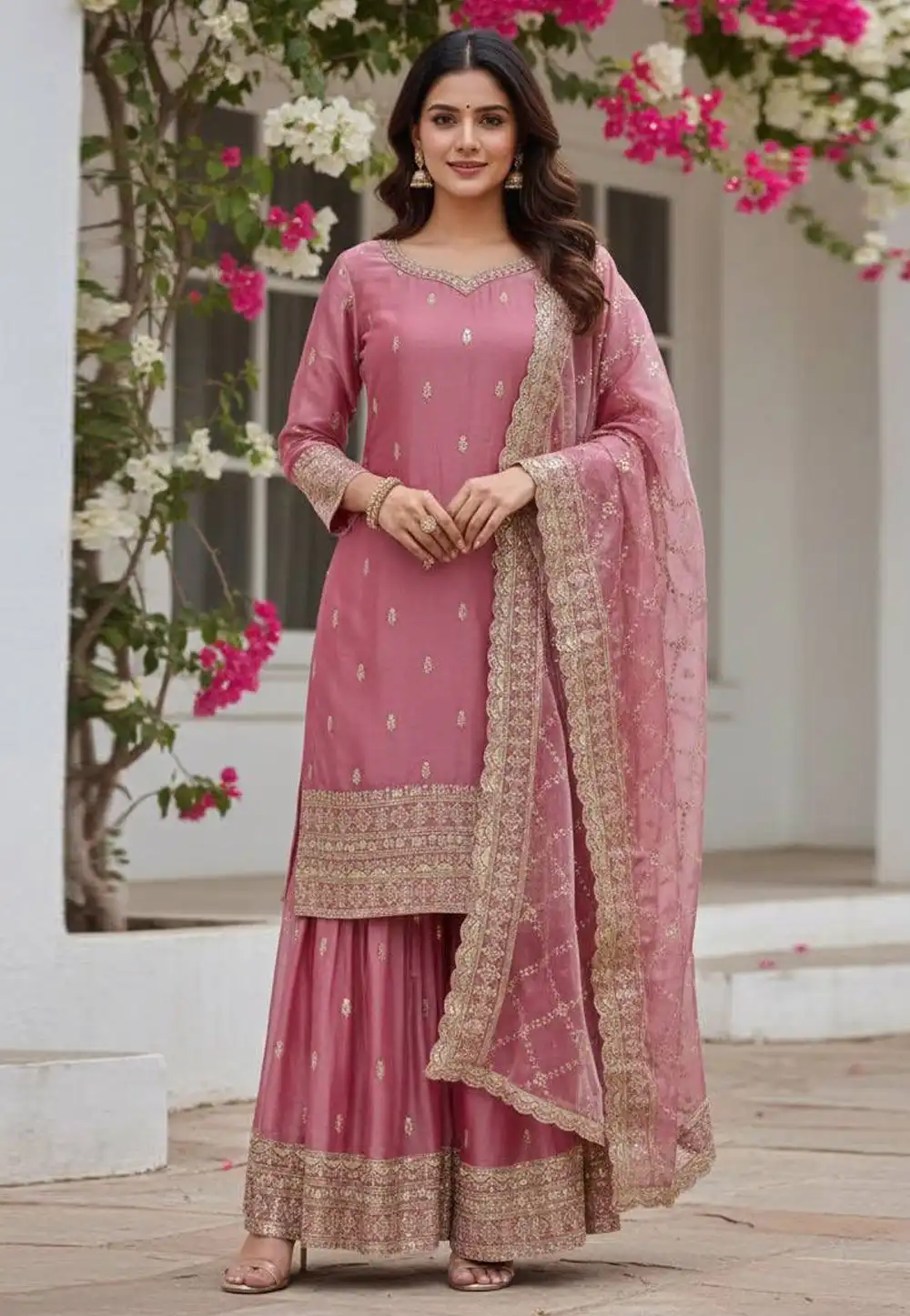 Pink Silk Readymade Sharara Suit 325541