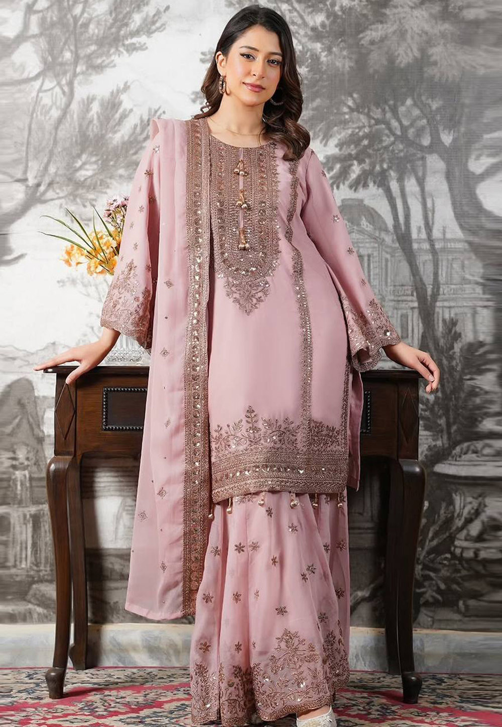 Pink Silk Readymade Sharara Suit 328235