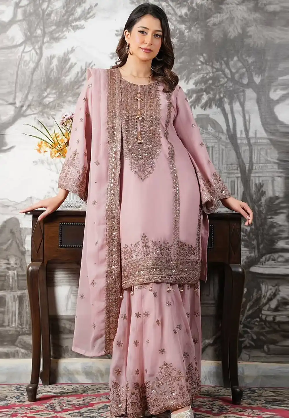 Pink Silk Readymade Sharara Suit 328235