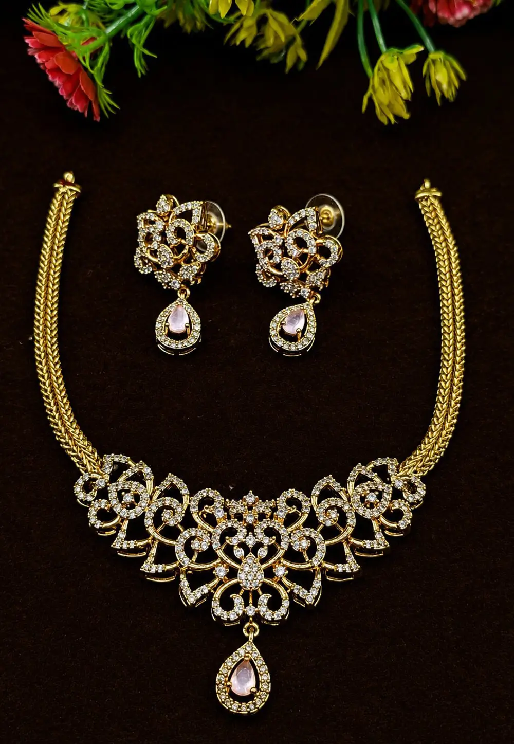 Pink Stone Necklace With Earrings 334275