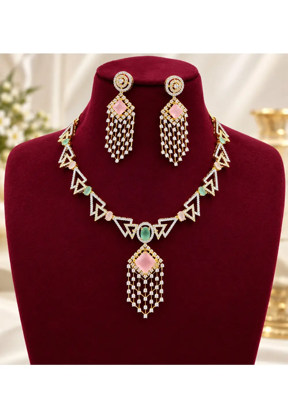 Pink Stone Necklace With Earrings 335571