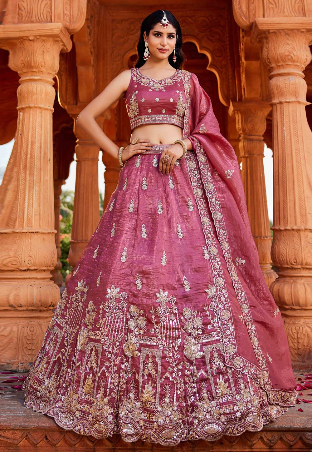 Pink Tissue Circular Lehenga Choli 306652