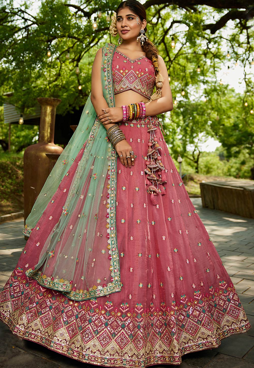 Pink Tissue Circular Lehenga Choli 312886