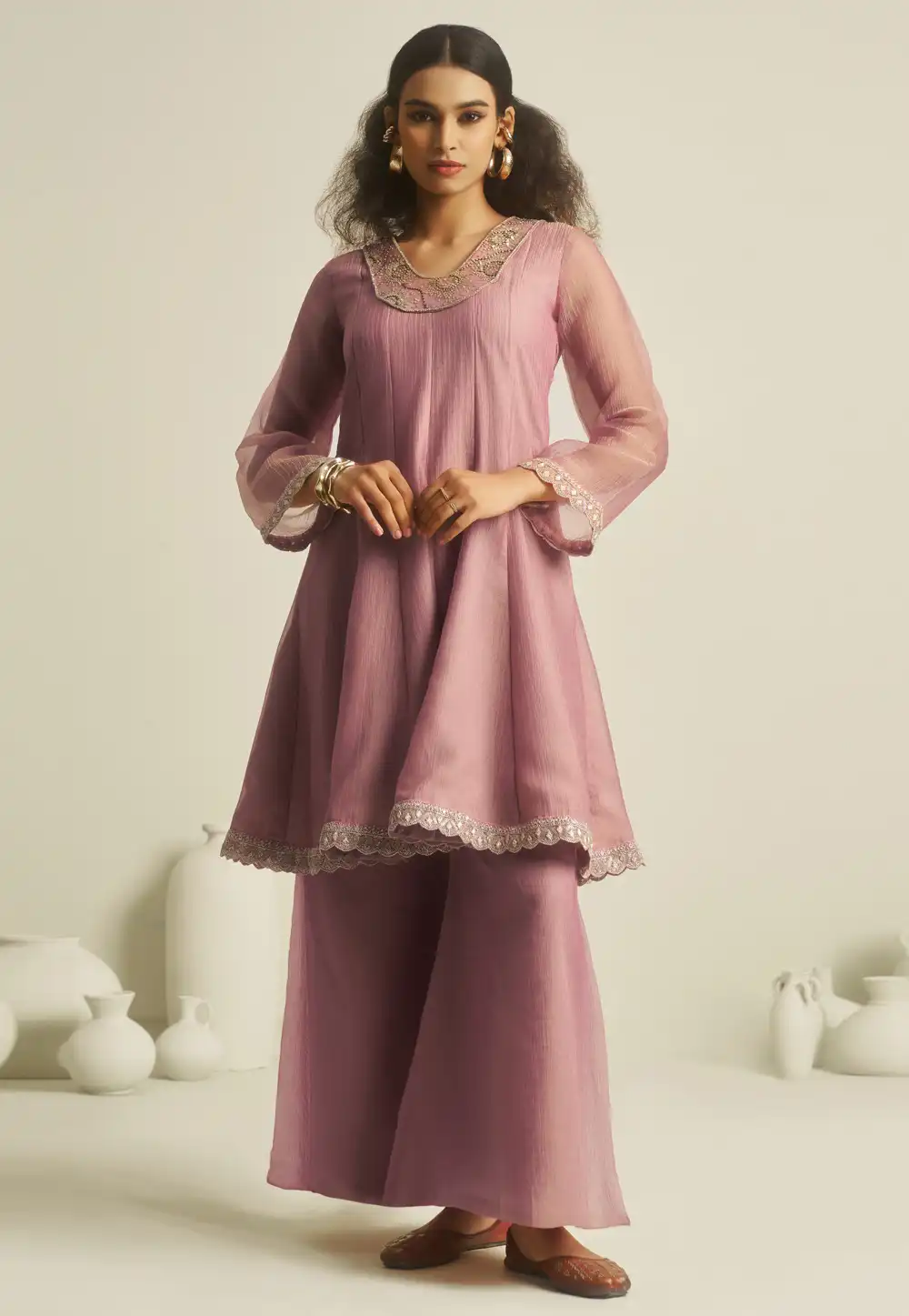 Pink Tissue Kurta Set With Palazzo 322044