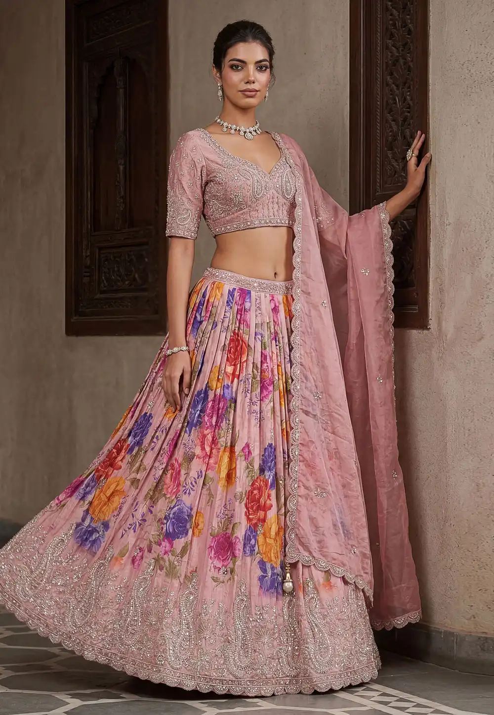 Pink Tissue Lehenga Choli 329242