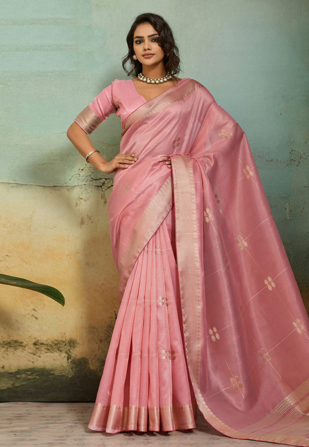 Pink Tissue Saree With Blouse 327545