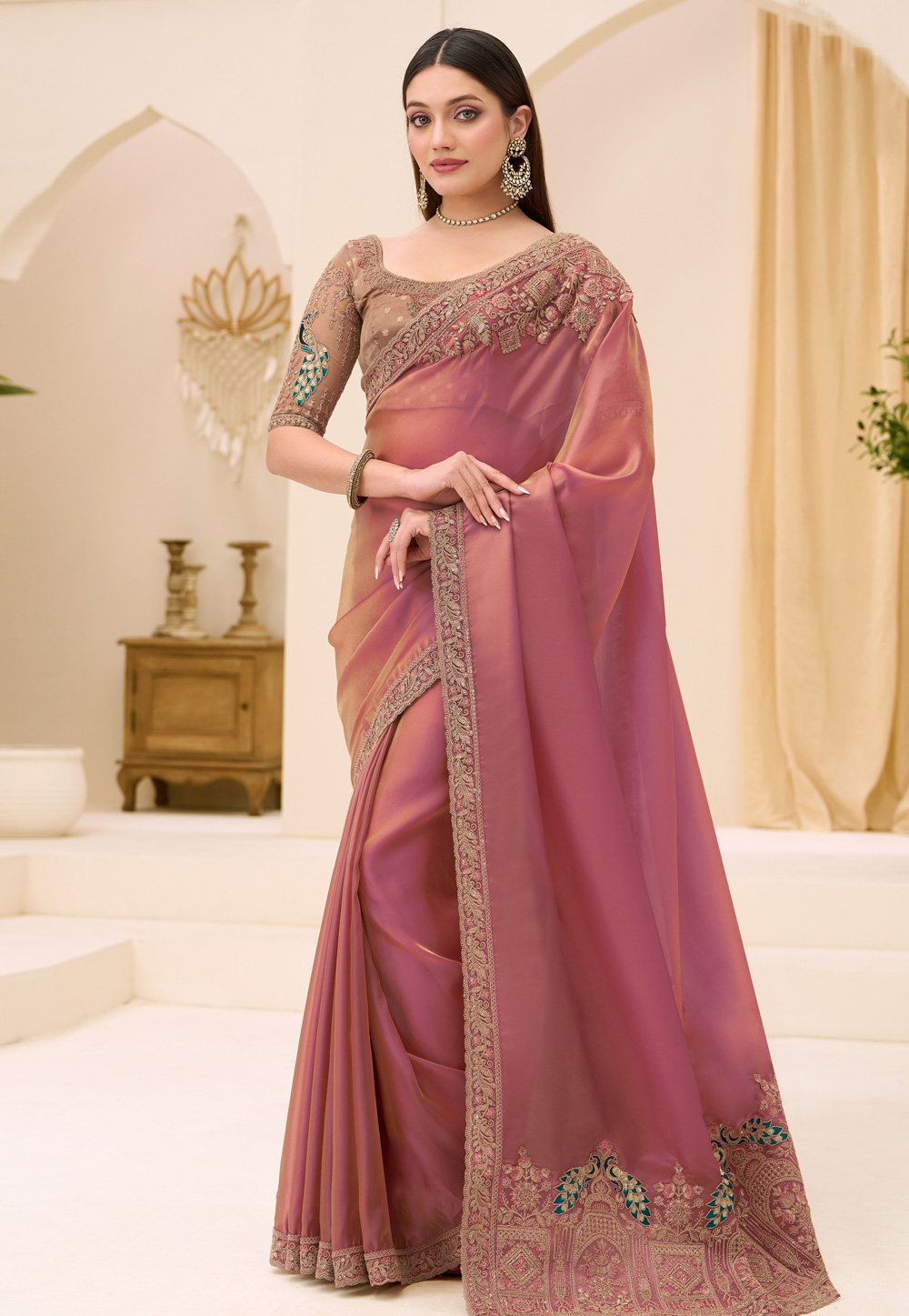 Pink Tissue Saree With Blouse 326402
