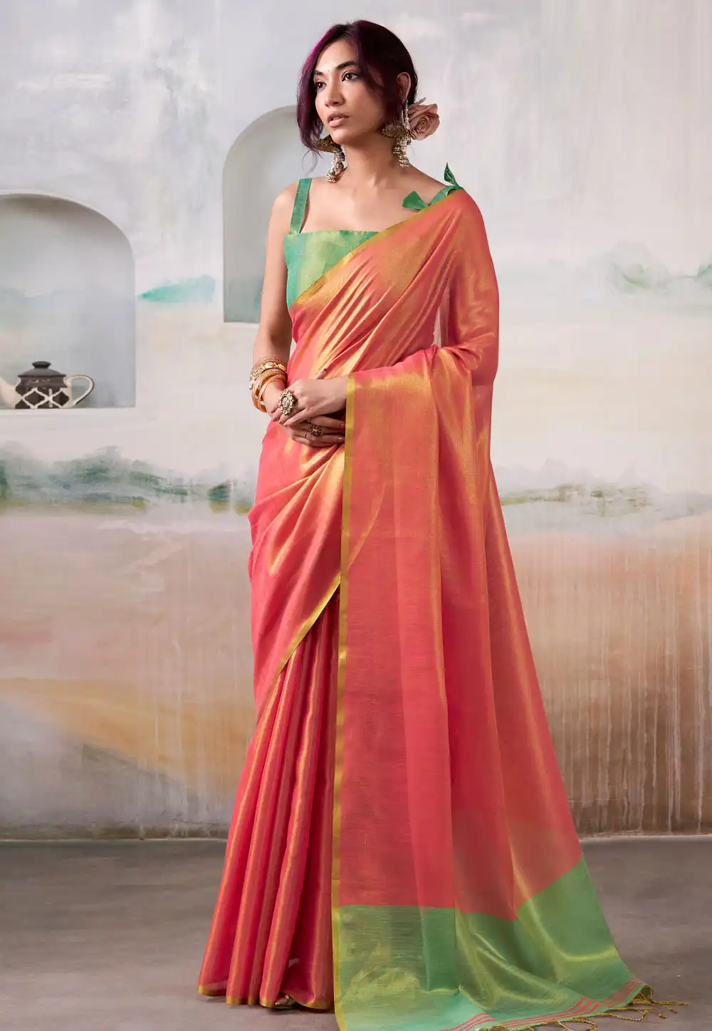 Pink Tissue Saree With Blouse 320144