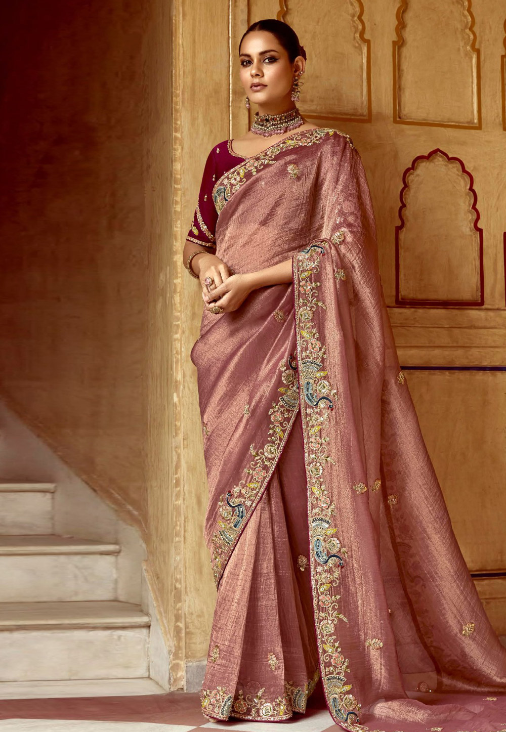 Pink Tissue Saree With Blouse 306246