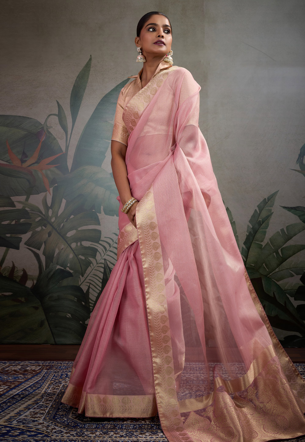 Pink Tissue Saree With Blouse 312097