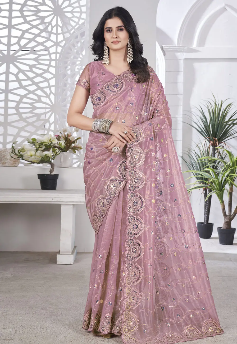 Pink Tissue Saree With Blouse 302541