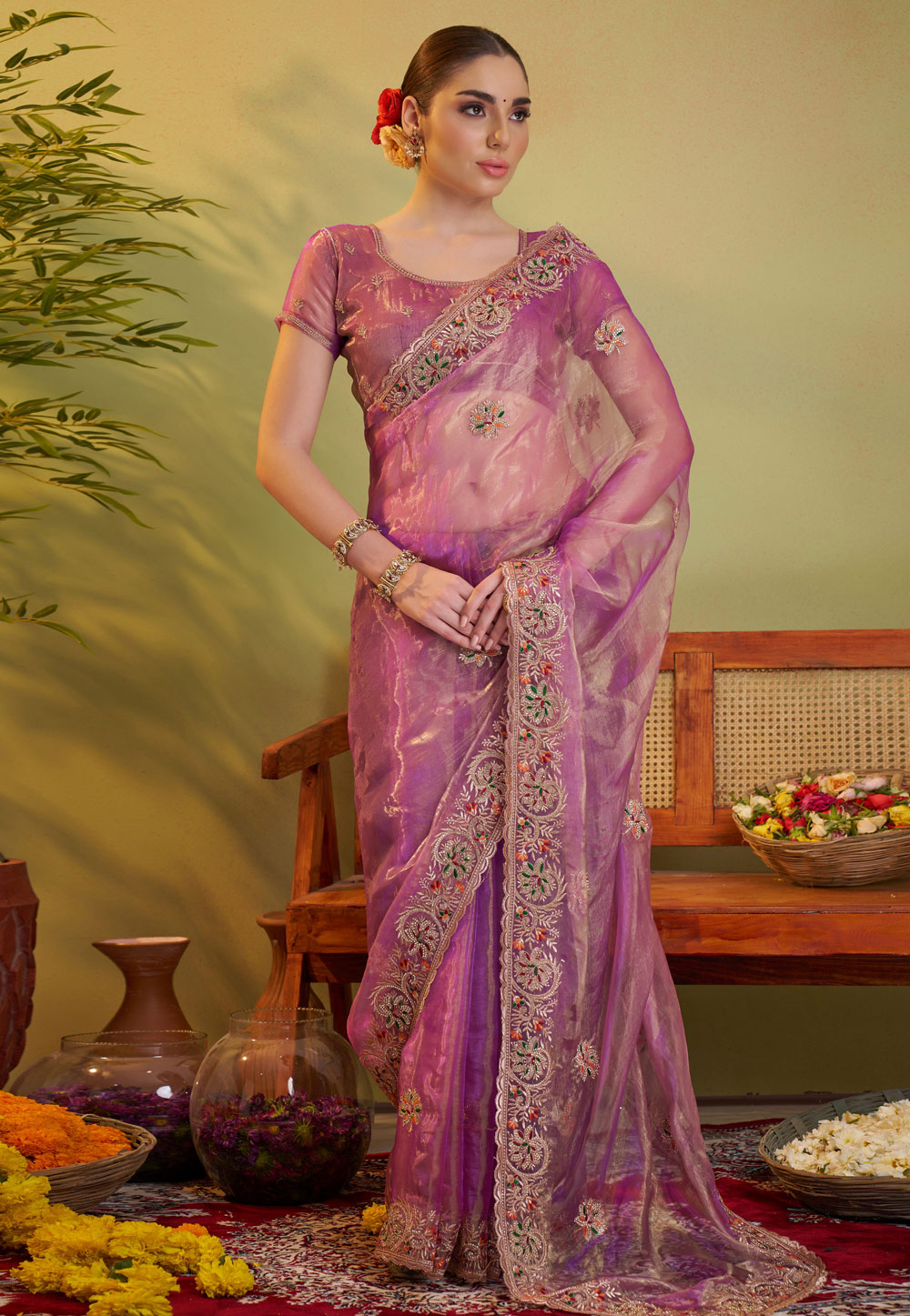 Pink Tissue Saree With Blouse 306950