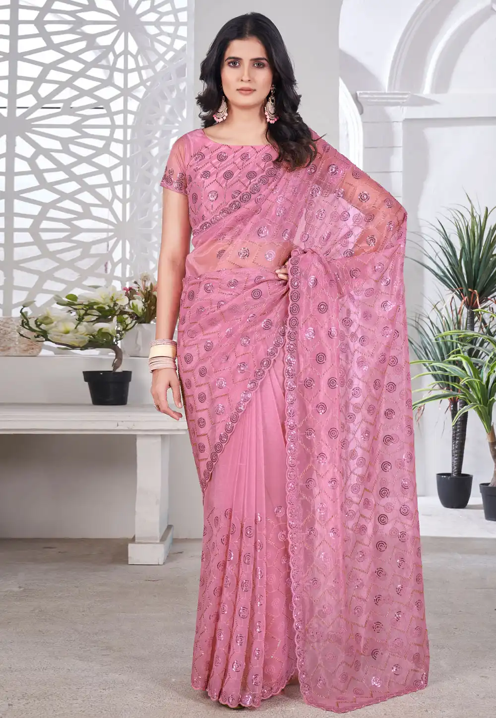 Pink Tissue Sequence Saree 309840