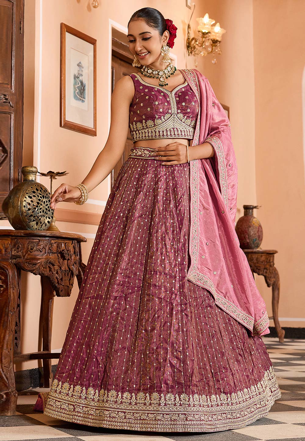 Pink Tissue Silk Lehenga Choli For Wedding 319399