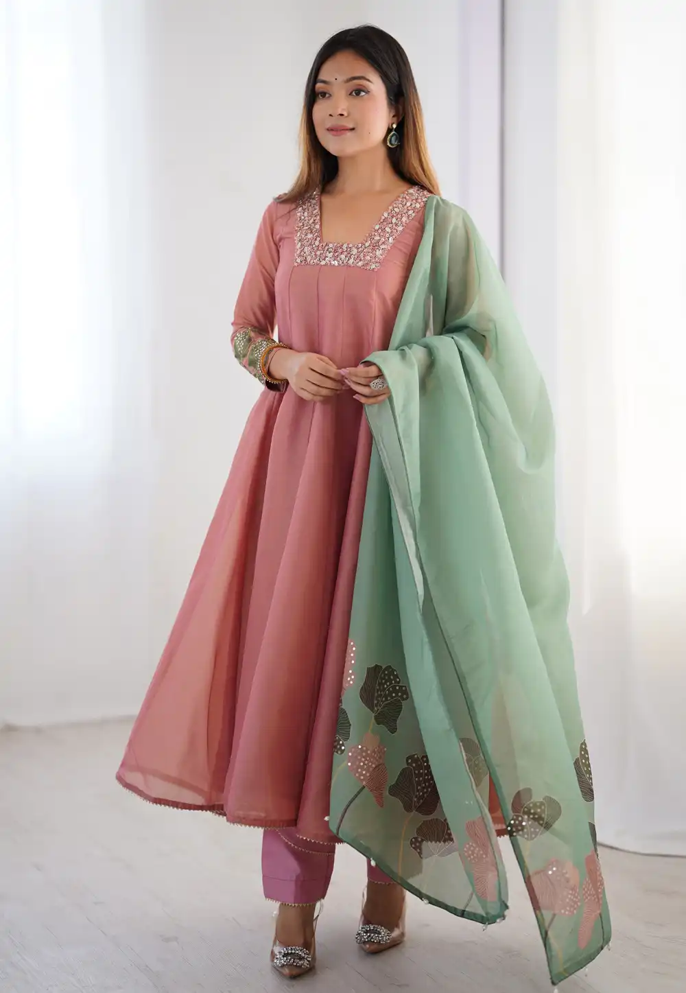 Pink Tissue Silk Readymade Anarkali Suit 310958