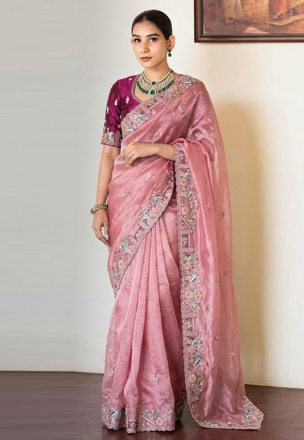 Pink Tissue Silk Saree With Blouse 328987