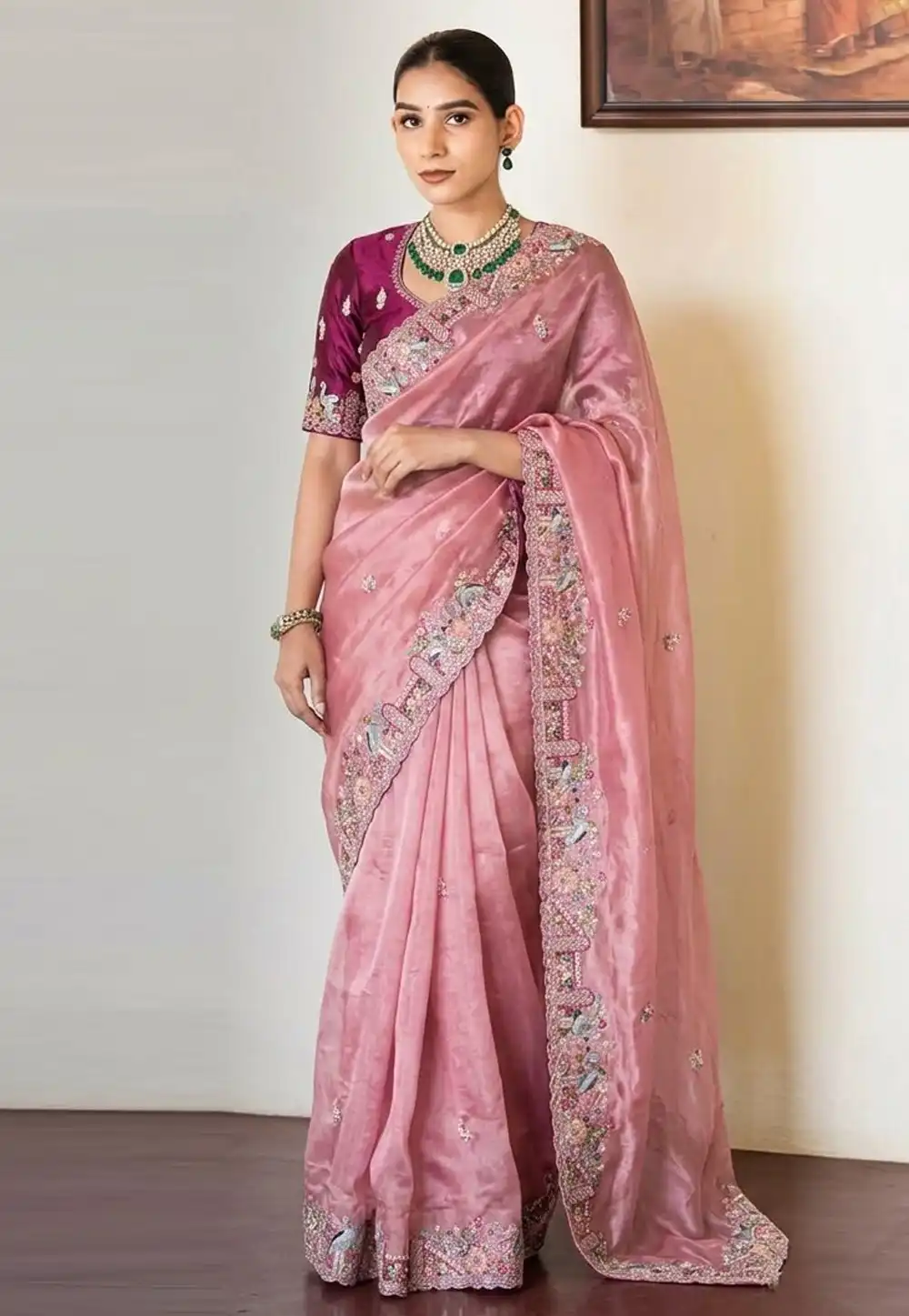 Pink Tissue Silk Saree With Blouse 328987