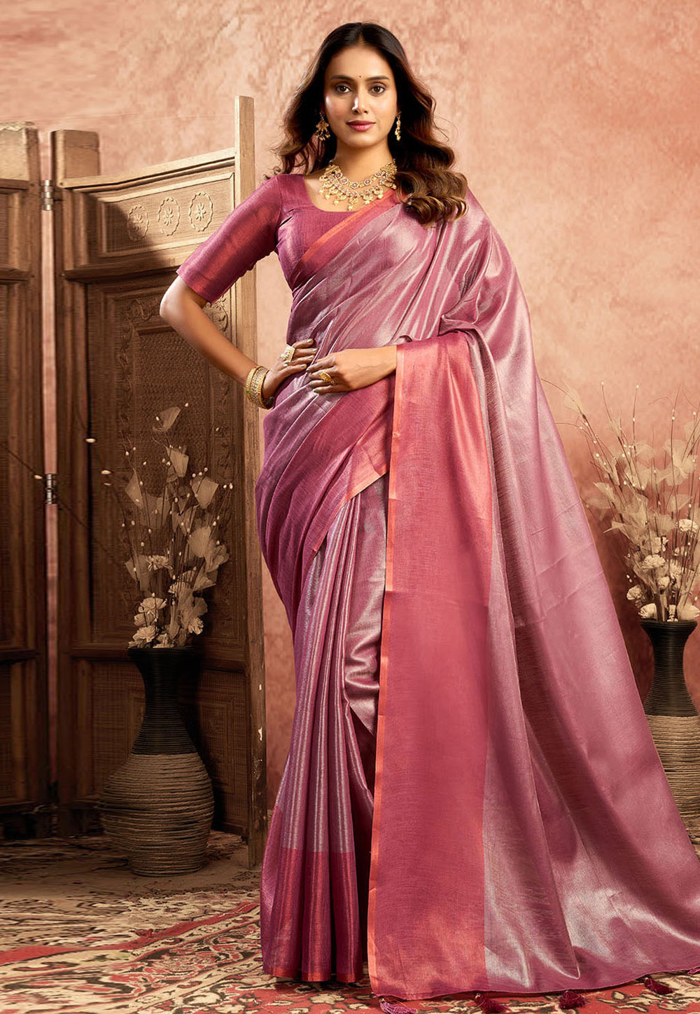 Pink Tissue Silk Saree With Blouse 312515