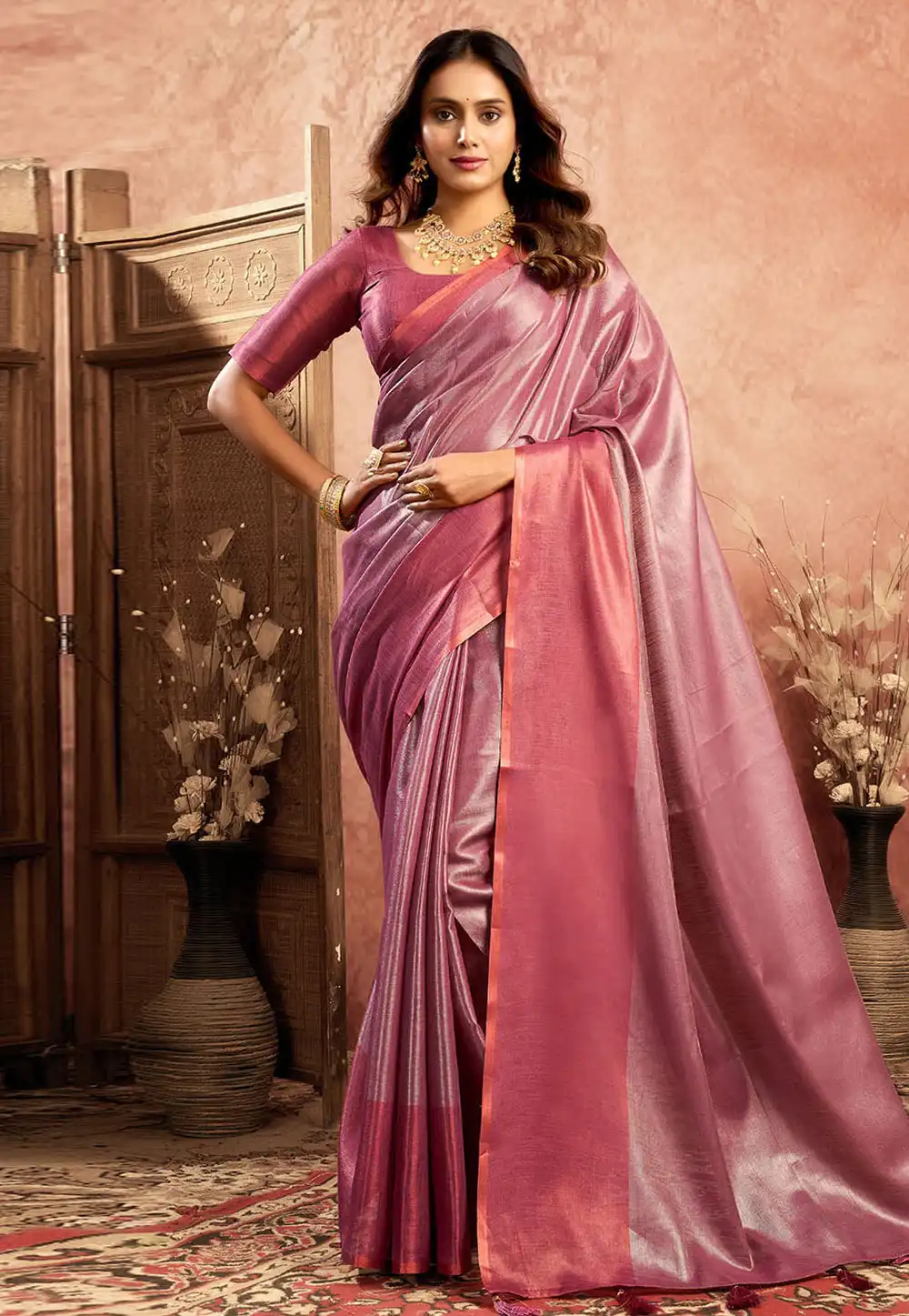 Pink Tissue Silk Saree With Blouse 312515