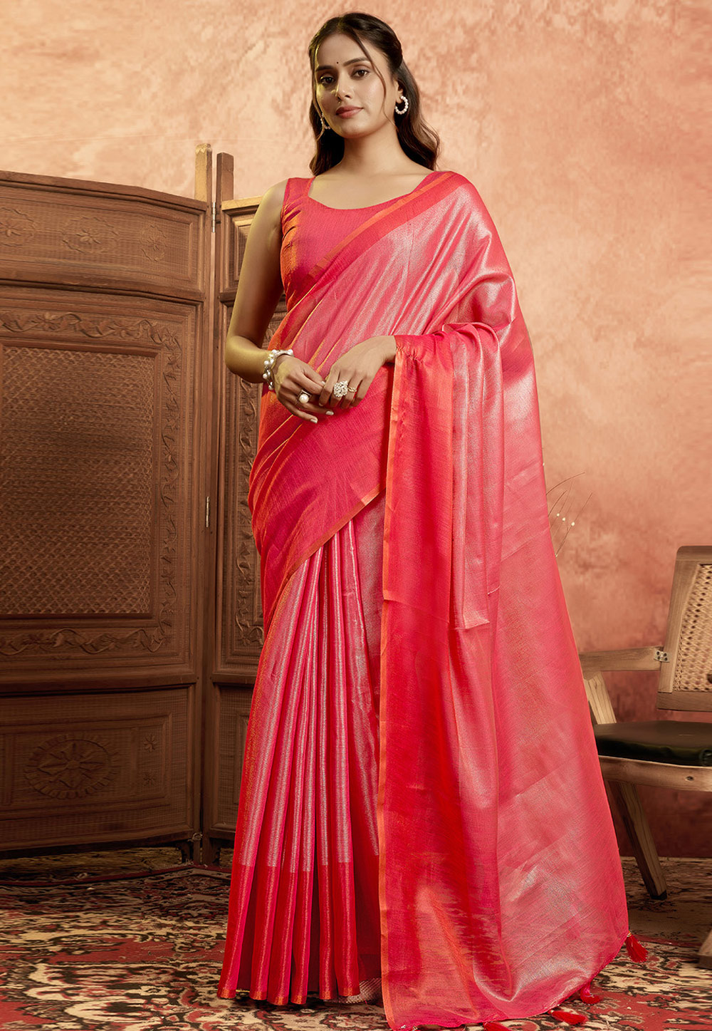 Pink Tissue Silk Saree With Blouse 312517