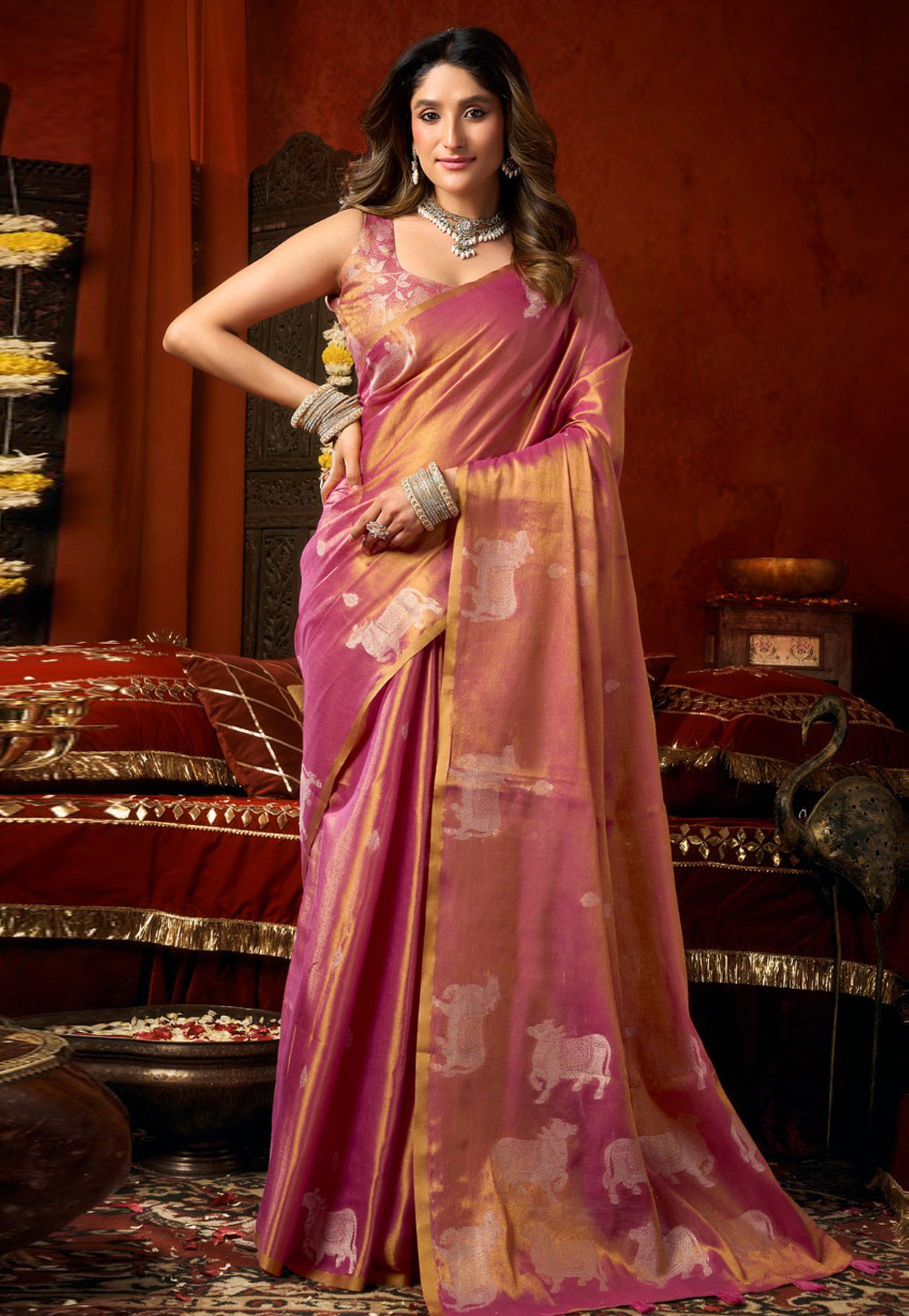 Pink Tissue Silk Saree With Blouse 328159