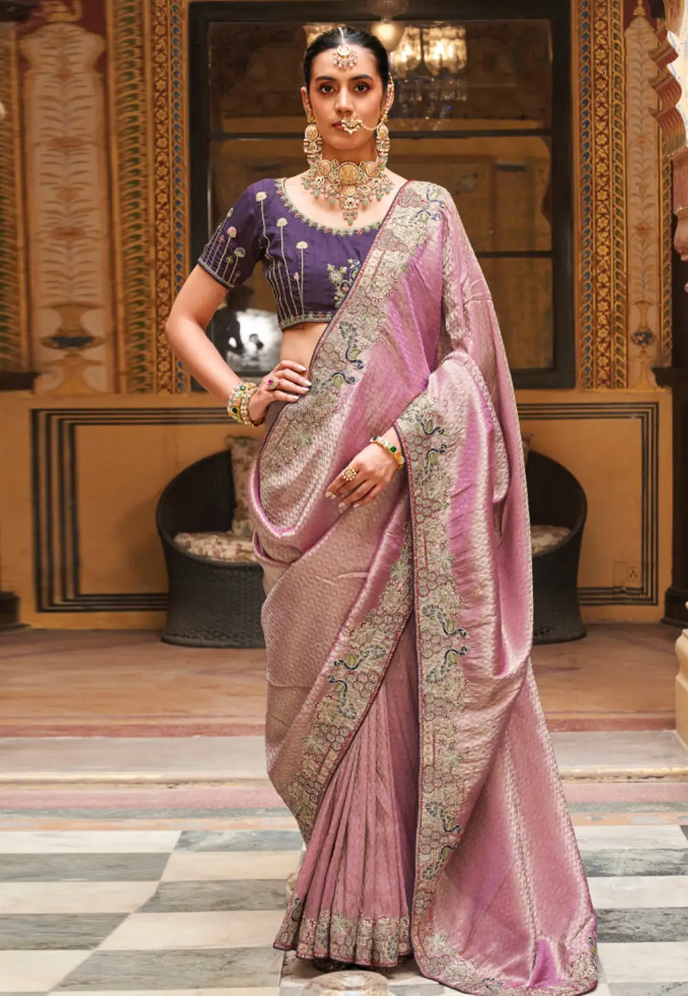 Pink Tissue Silk Saree With Blouse 335589