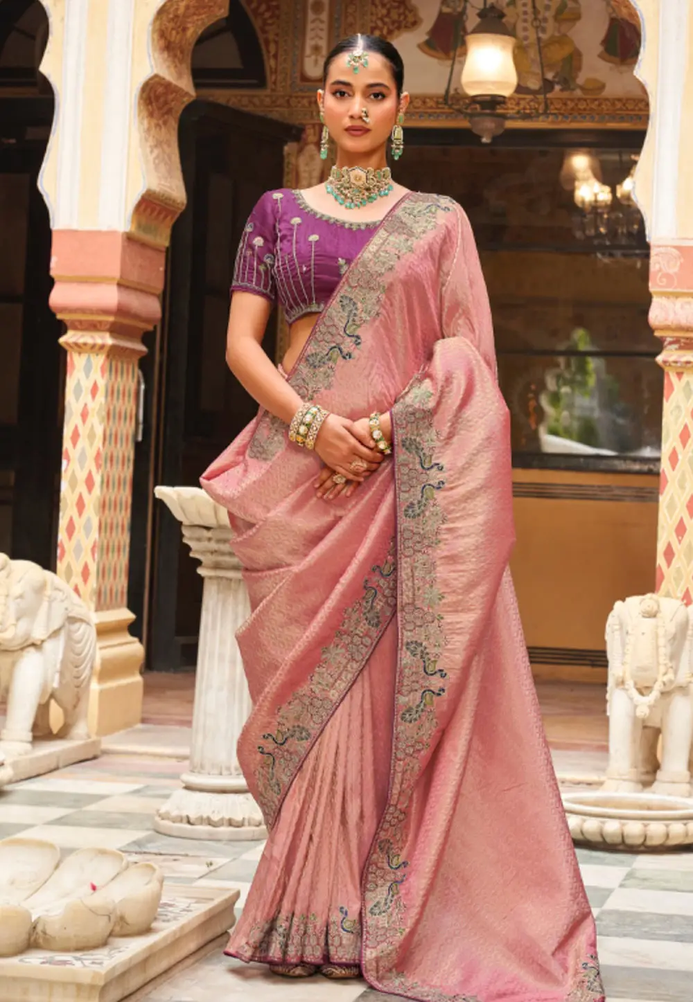 Pink Tissue Silk Saree With Blouse 335591