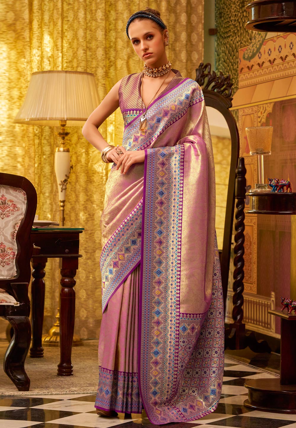 Pink Tissue Silk Saree With Blouse 307224