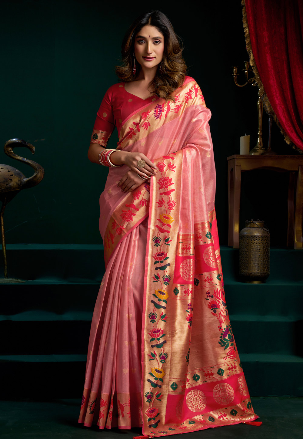 Pink Tissue Silk Saree With Blouse 325406
