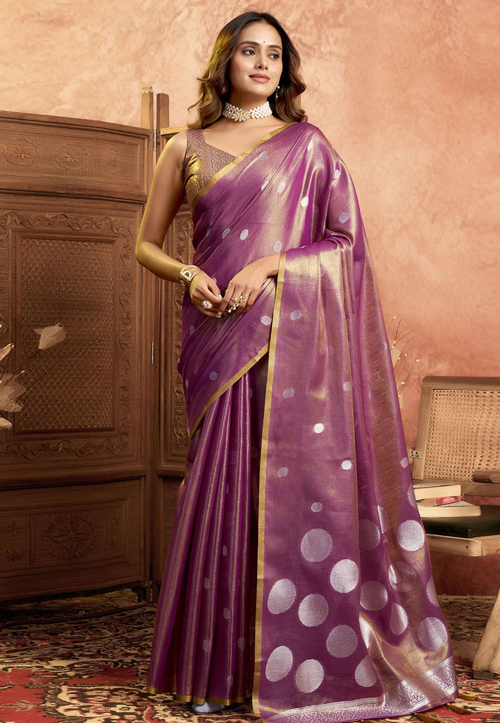 Pink Tissue Silk Saree With Blouse 312527