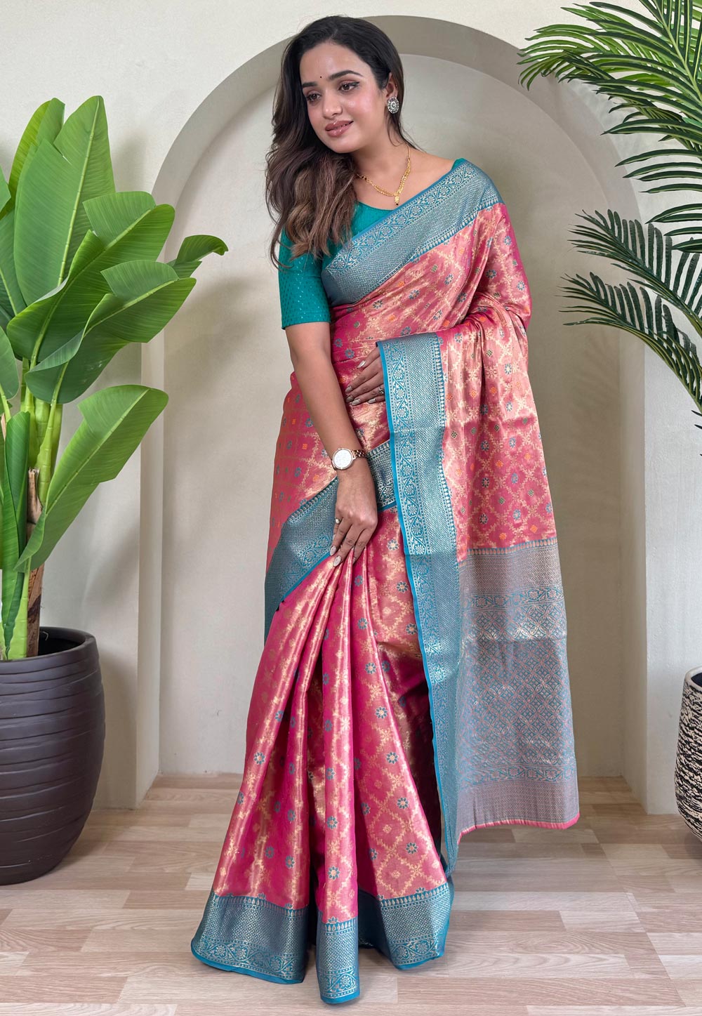 Pink Tissue Silk Saree With Blouse 308217