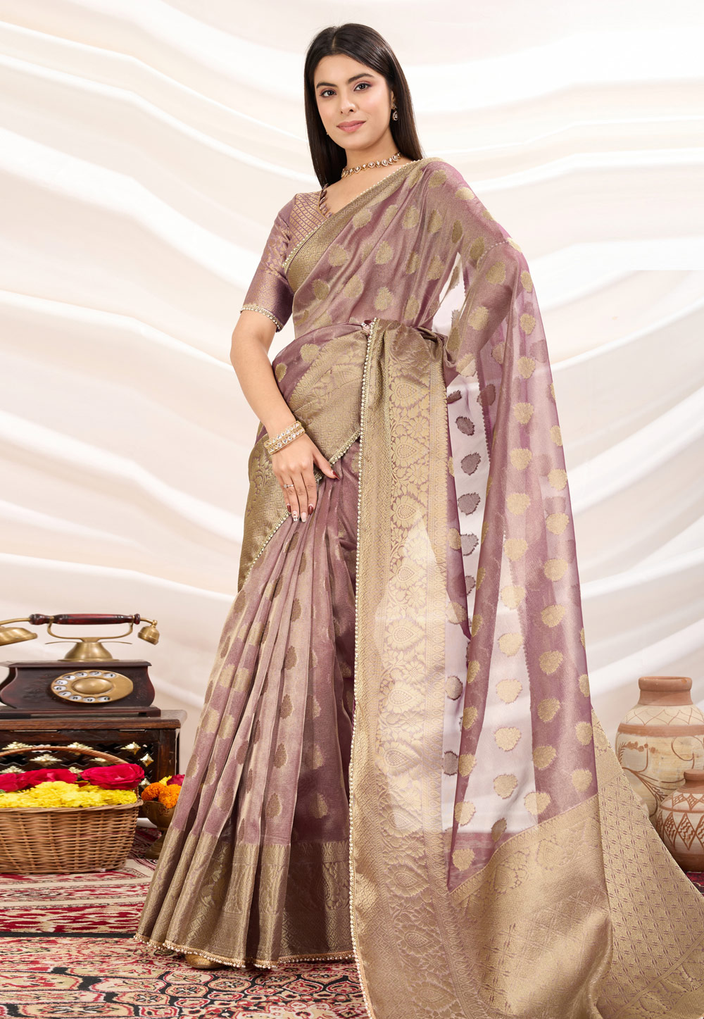 Pink Tissue Silk Saree With Blouse 308247