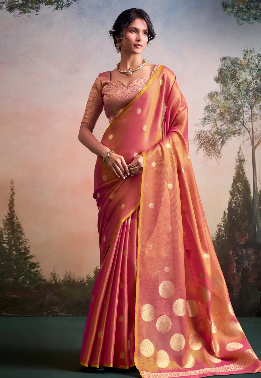 Pink Tissue Silk Saree With Blouse 329038