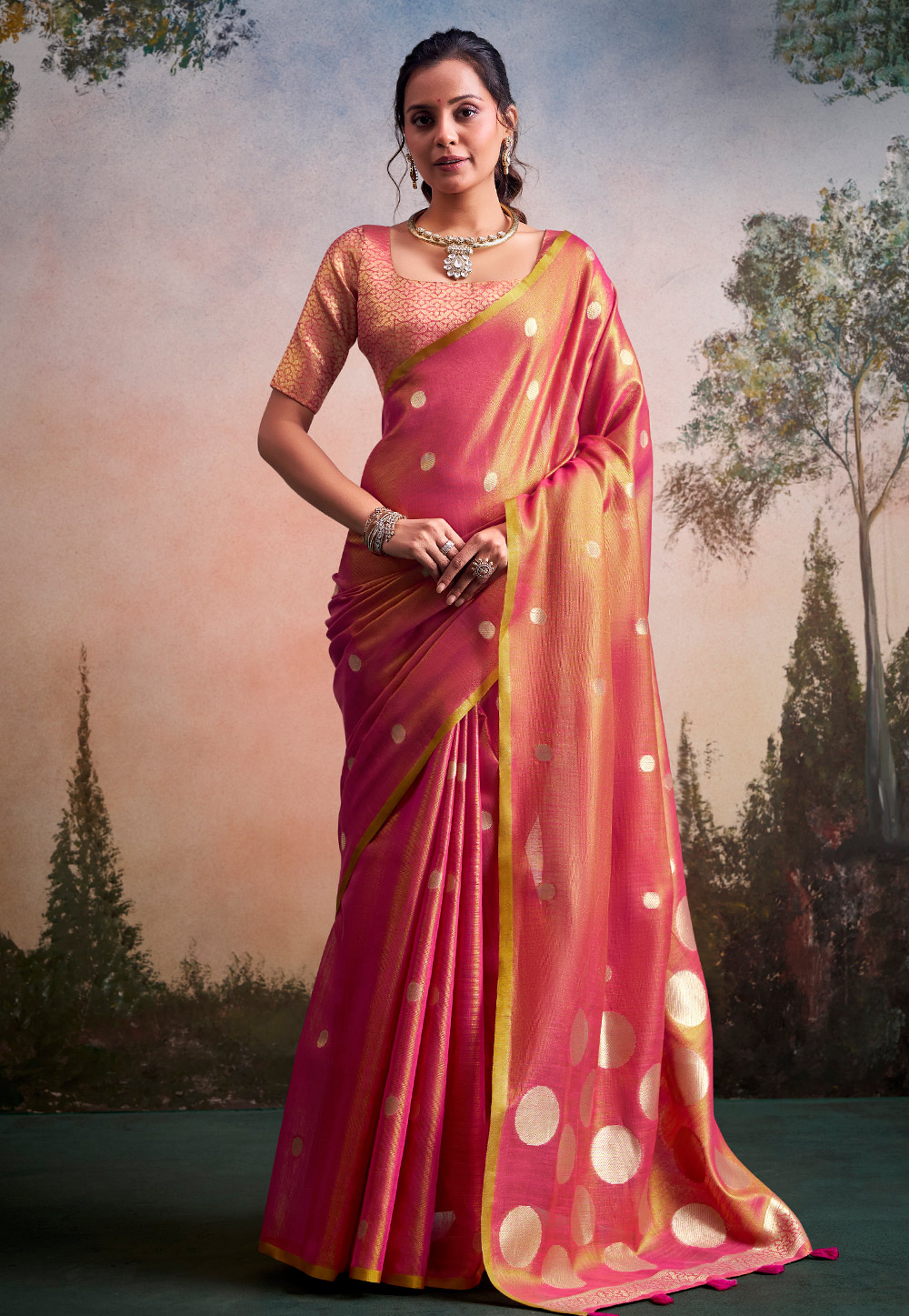 Pink Tissue Silk Saree With Blouse 329041