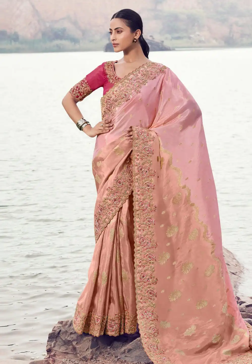 Pink Tissue Silk Saree With Blouse 319724