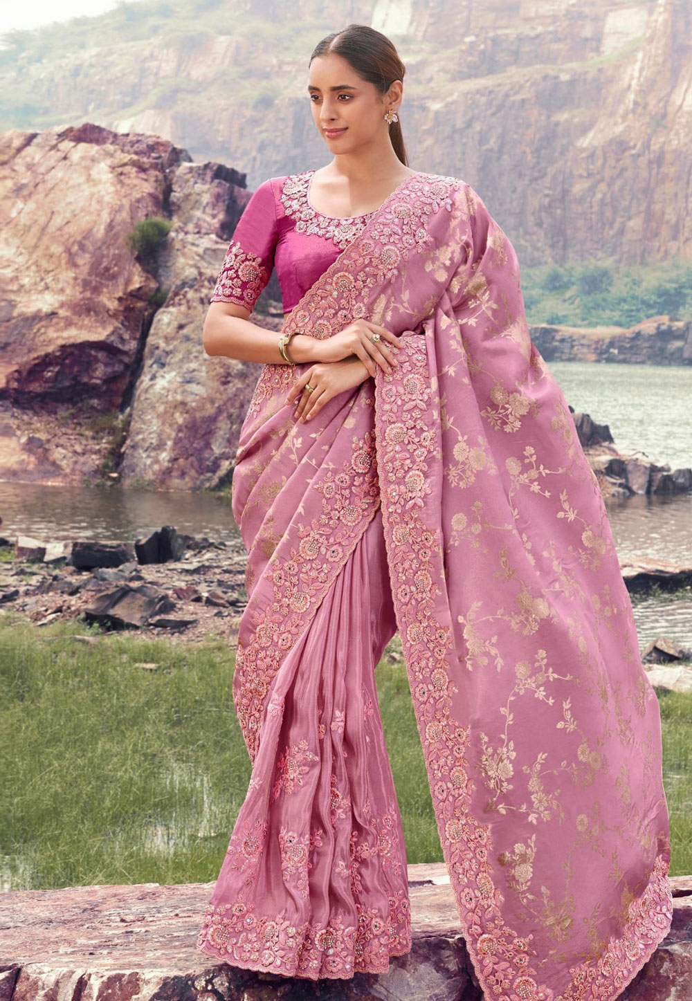 Pink Tissue Silk Saree With Blouse 319727